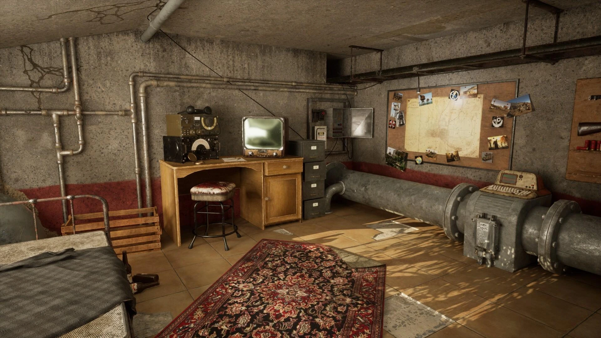 Radio and communications desk inside a survival bunker