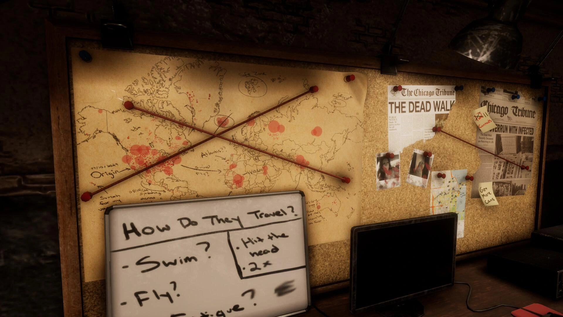 Survival planning board with a map and field research notes
